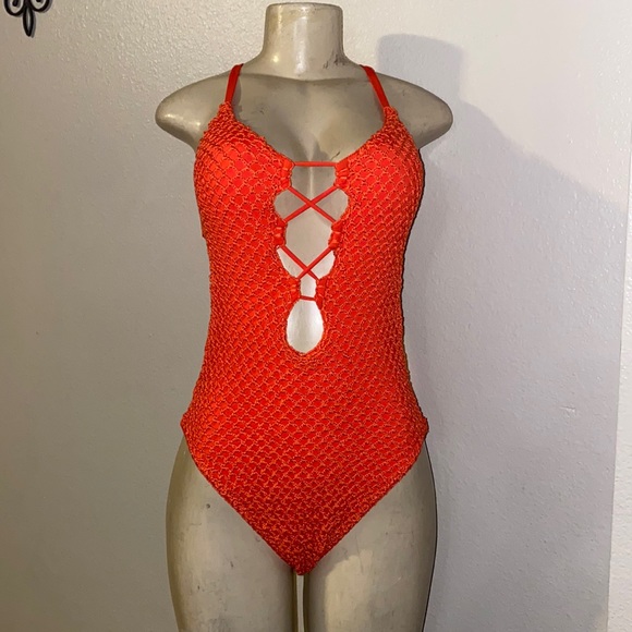 NWT Lucky Brand Crochet Swimsuit in Coral - Picture 1 of 8